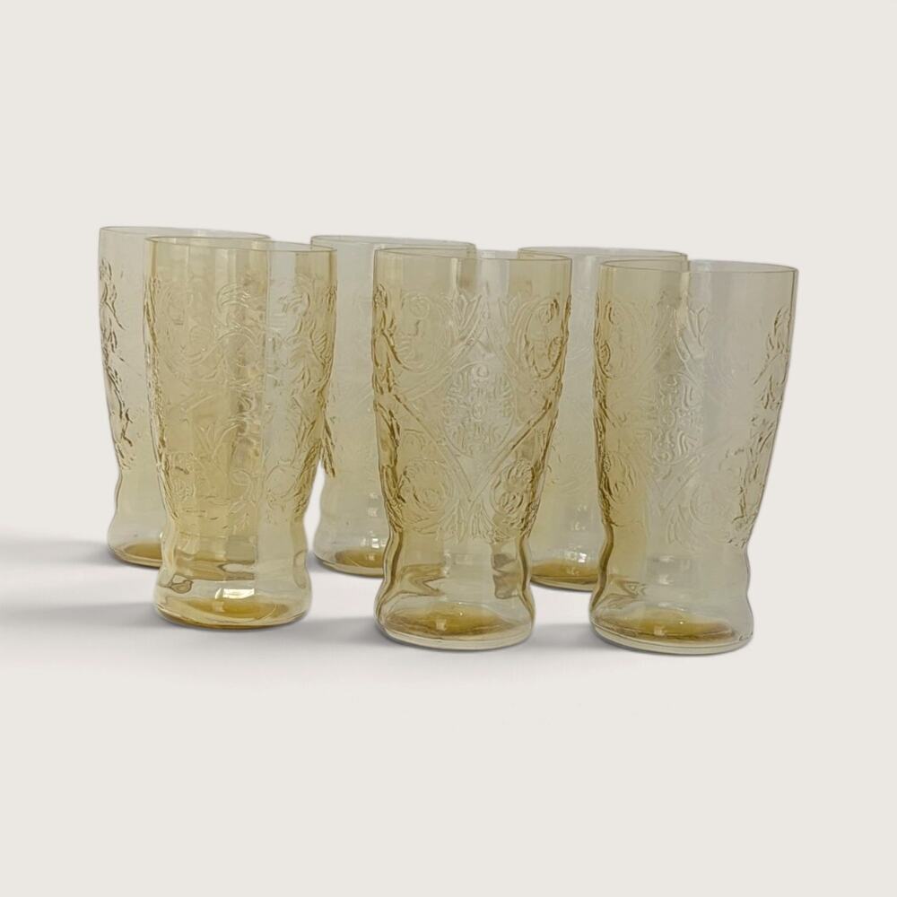 Vintage Set of 6 Madrid Pattern Amber Yellow Glass Tumblers